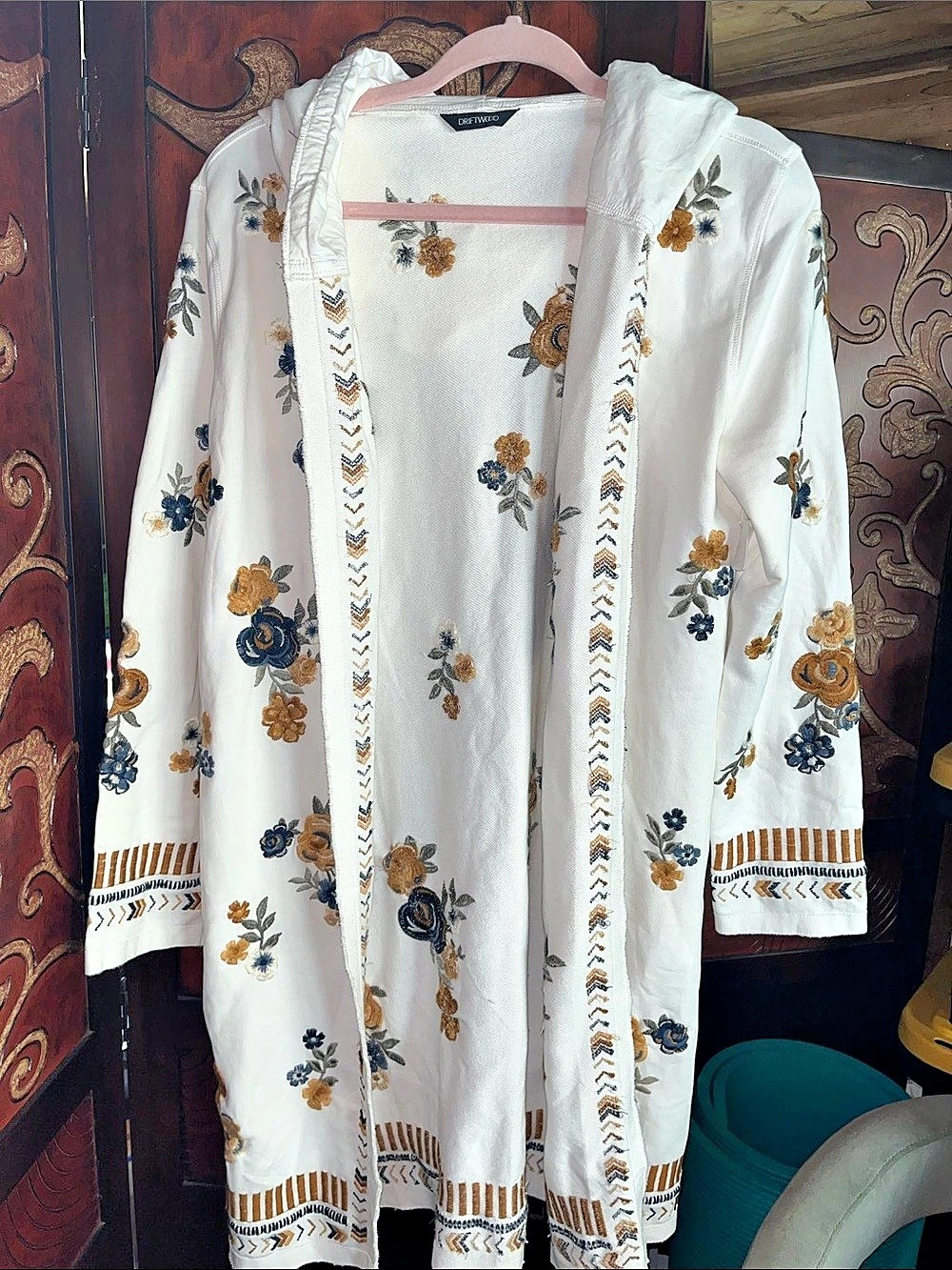 Driftwood Floral Embroidered White Hoodie, Blue, Large jacket